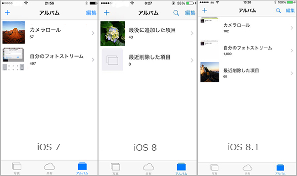 iOS 7からiOS 8.1のカメラロール